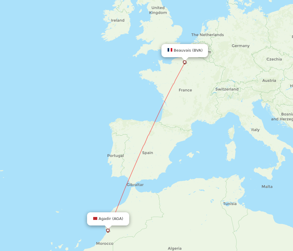 Agadir - Paris route map and flight paths