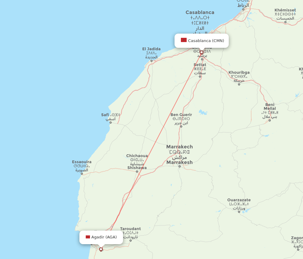 Agadir - Casablanca route map and flight paths