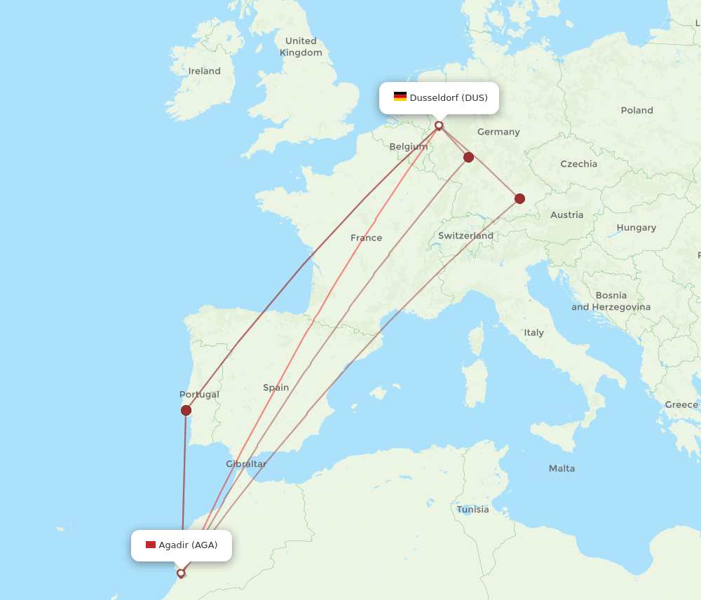 AGA to DUS flights and routes map