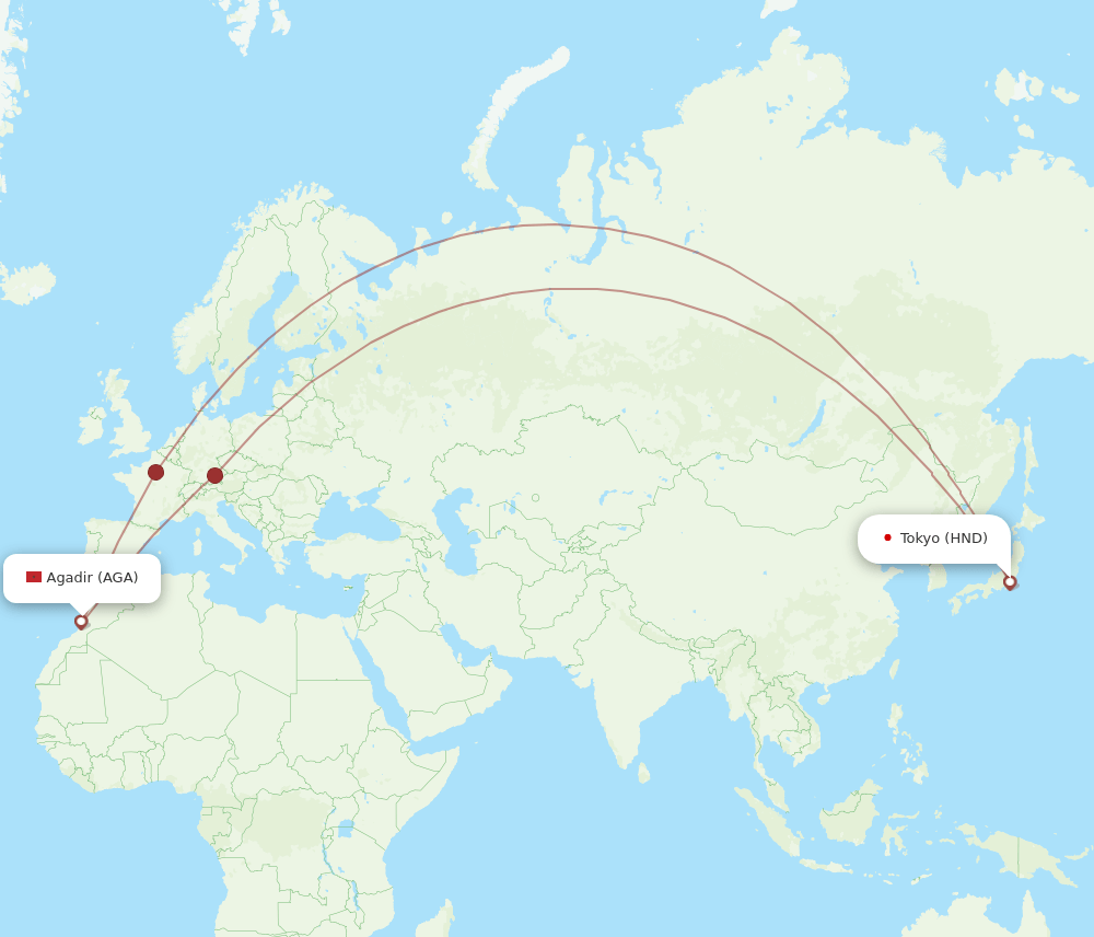 Tokyo - Agadir route map and flight paths