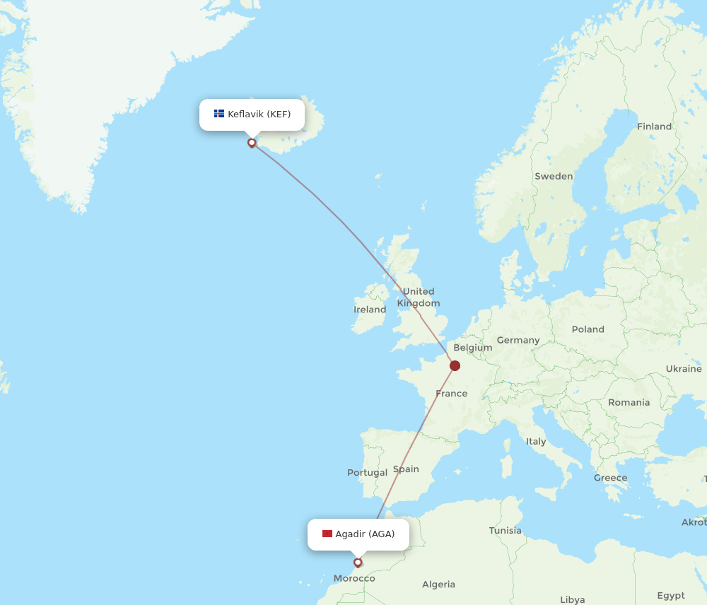 Reykjavik - Agadir route map and flight paths