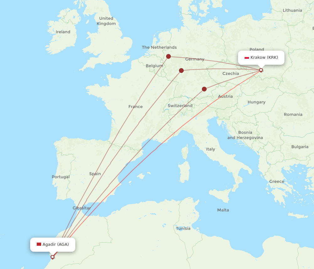 AGA-KRK flight routes