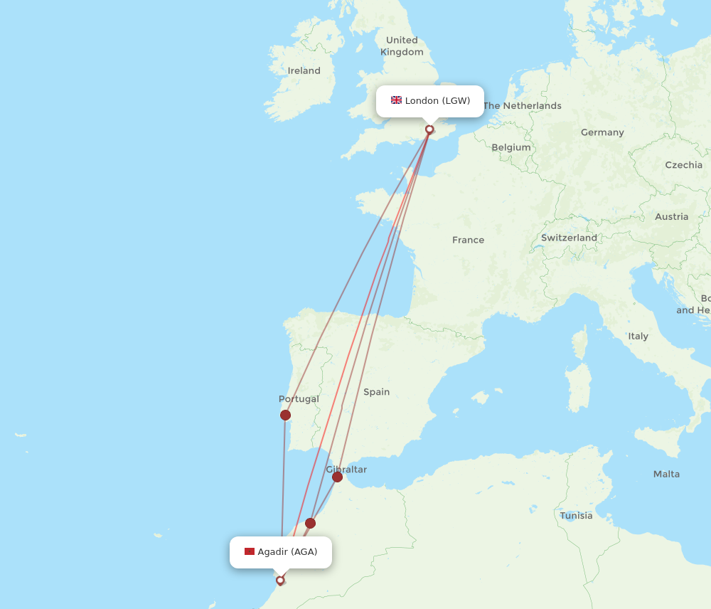 AGA to LGW flights and routes map