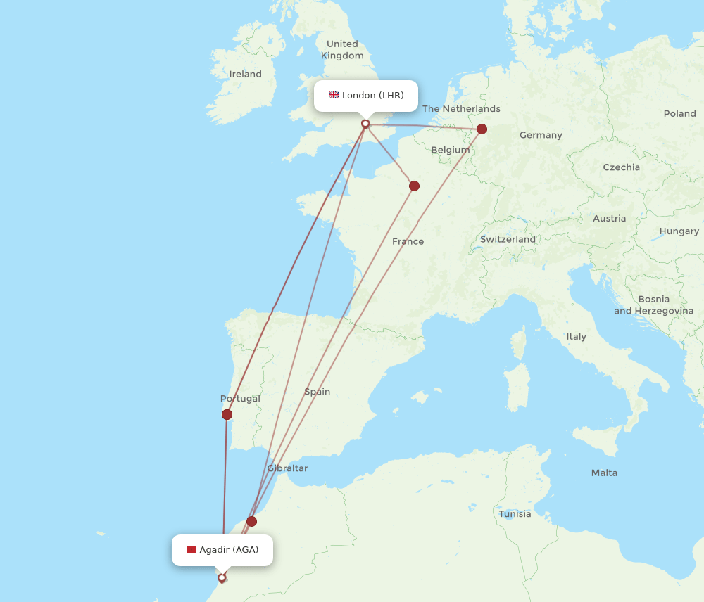 AGA to LHR flights and routes map