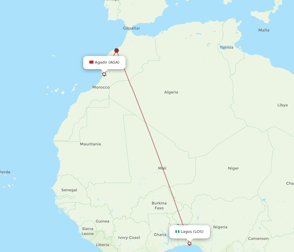 AGA to LOS flights and routes map