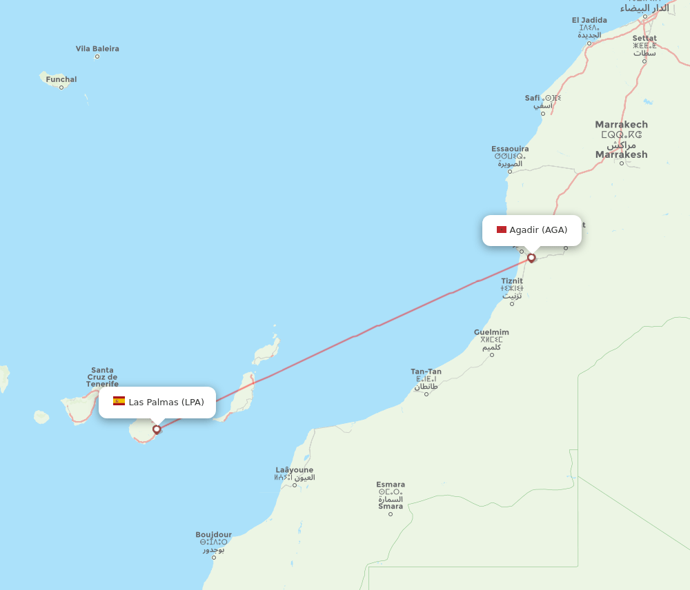 Agadir - Las Palmas route map and flight paths
