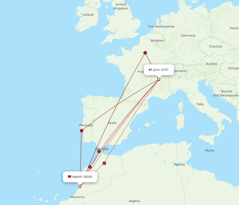 AGA to LYS flights and routes map