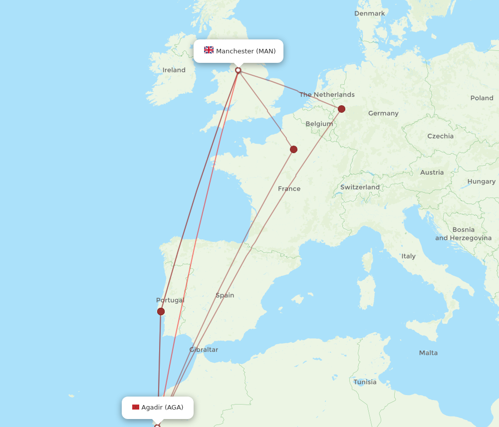 AGA to MAN flights and routes map