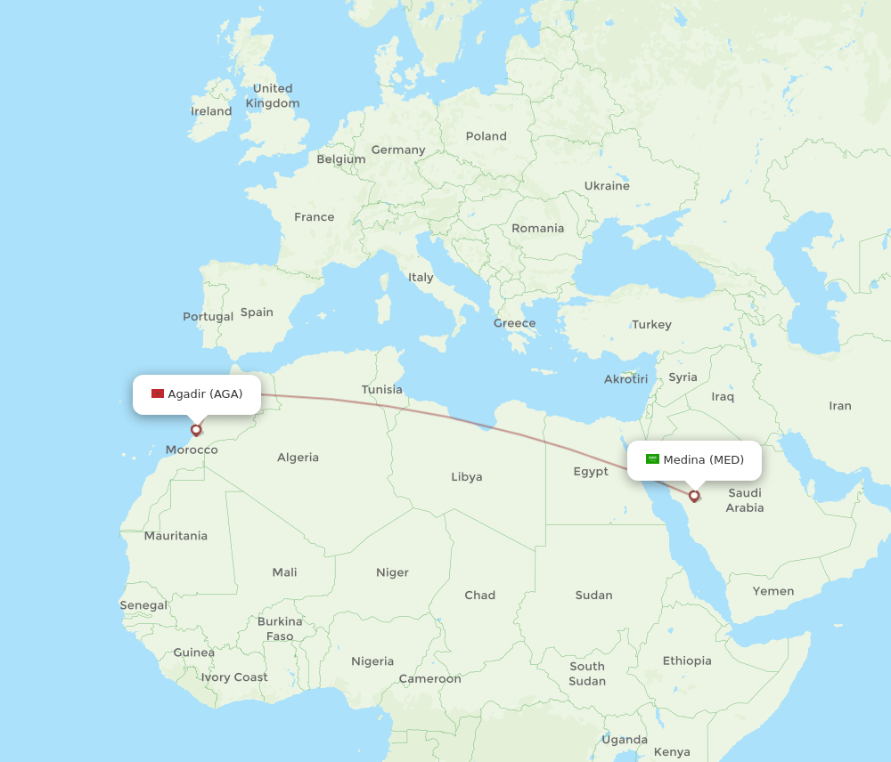 Madinah - Agadir route map and flight paths