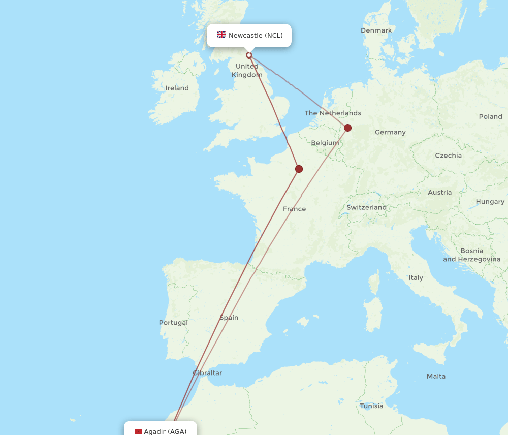 AGA-NCL flight routes
