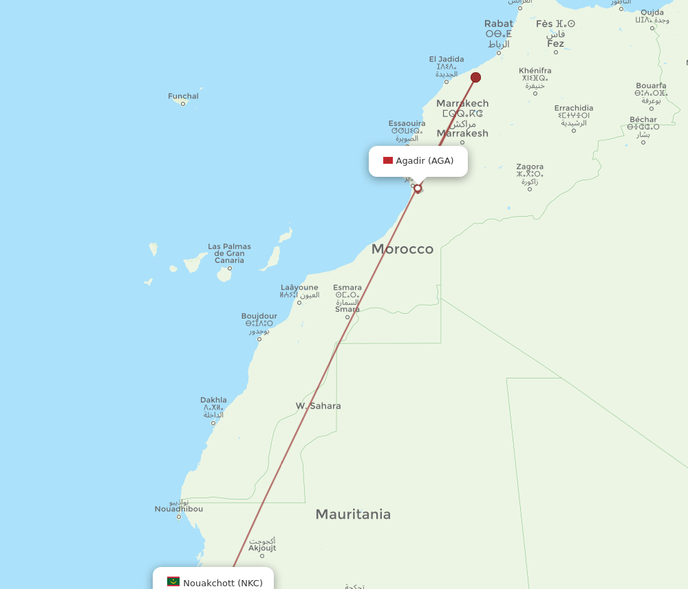 AGA to NKC flights and routes map