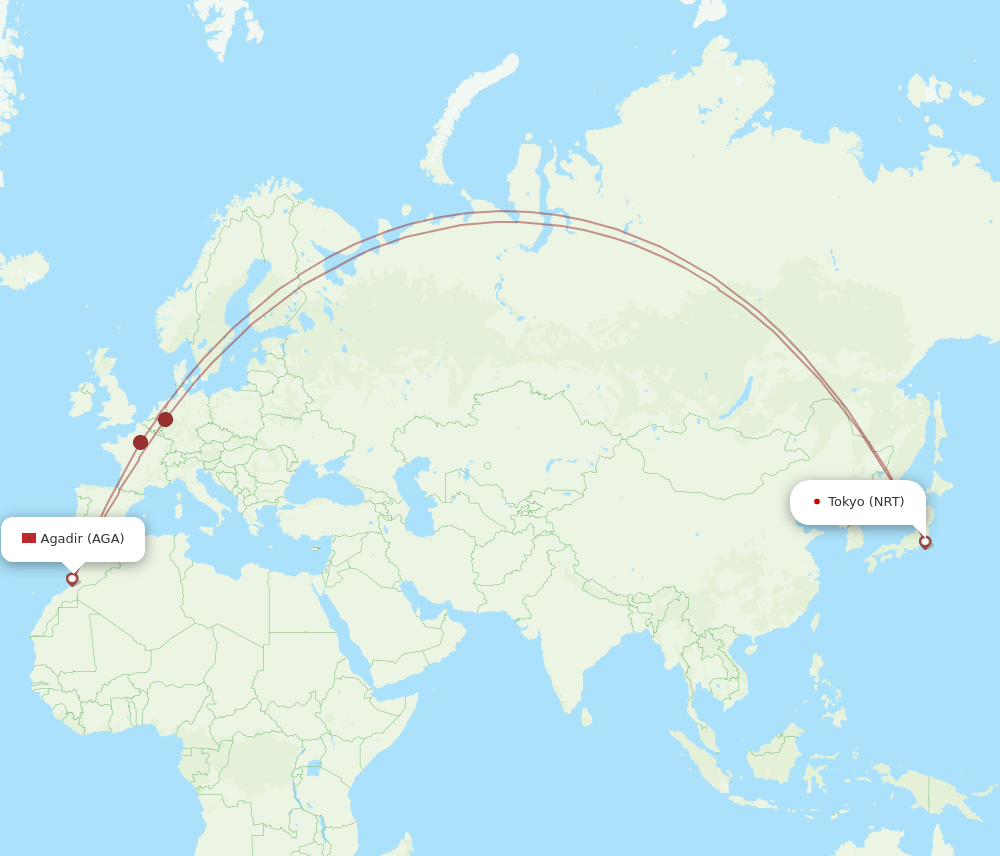NRT to AGA flights and routes map
