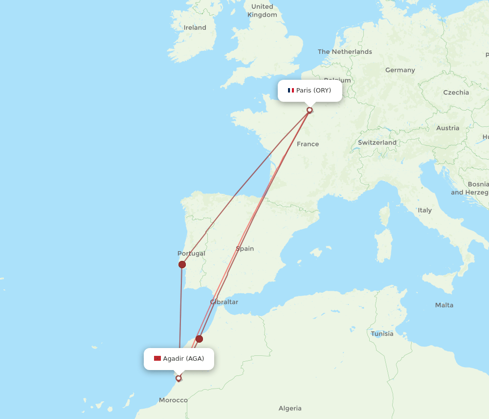 AGA to ORY flights and routes map