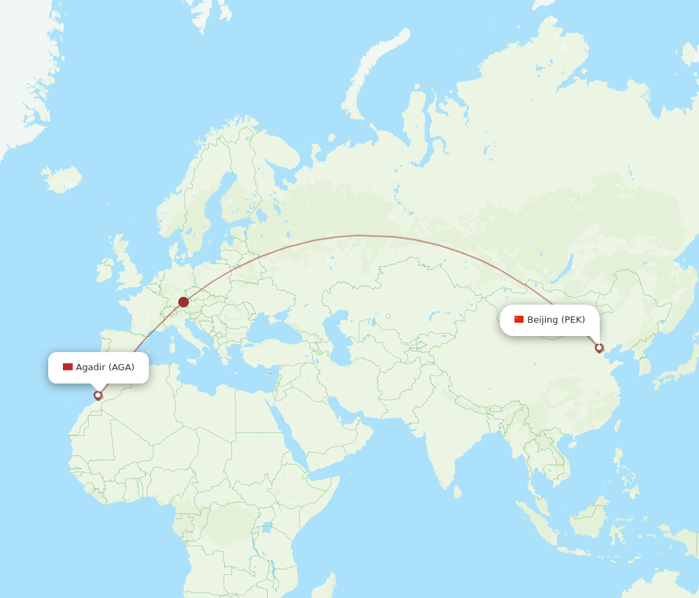 Beijing - Agadir route map and flight paths
