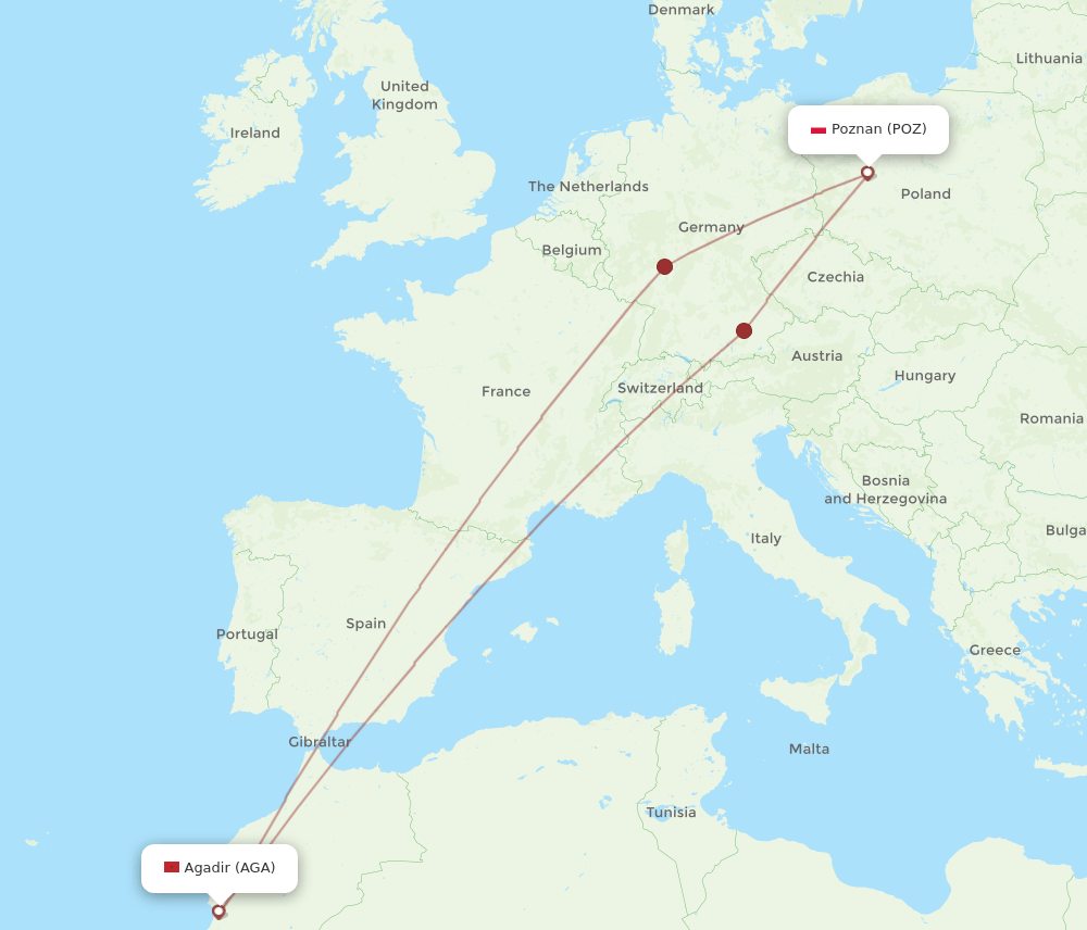 AGA-POZ flight routes
