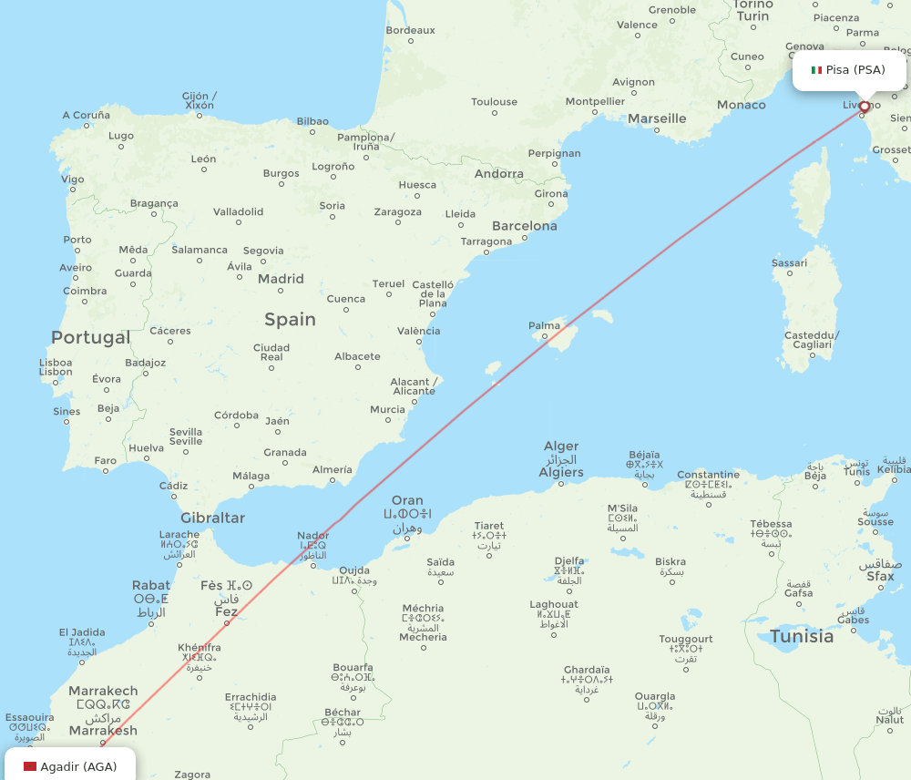 Pisa - Agadir route map and flight paths