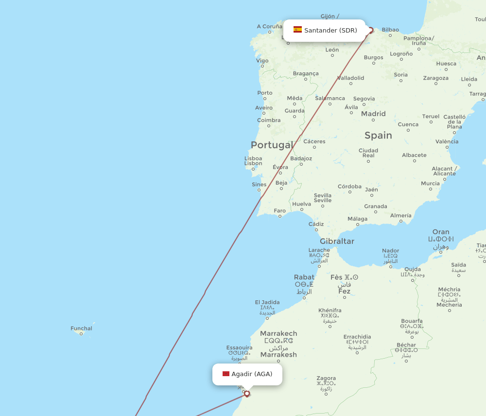 AGA to SDR flights and routes map