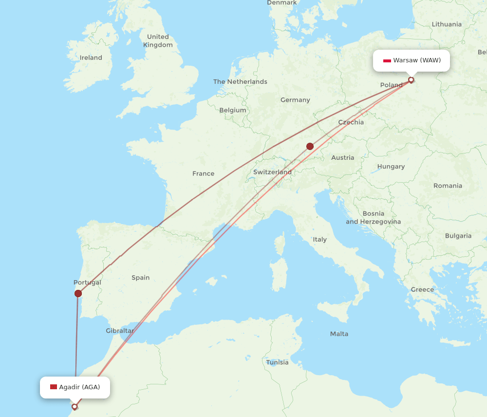 AGA-WAW flight routes