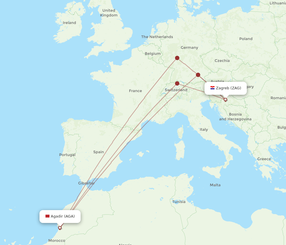 Zagreb - Agadir route map and flight paths