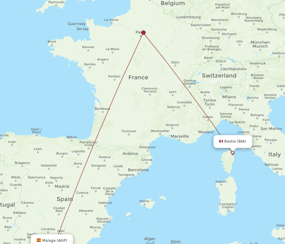 Bastia - Malaga route map and flight paths