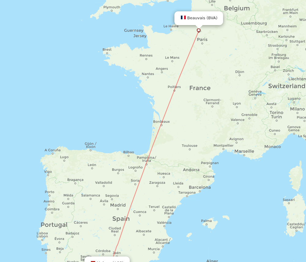 Malaga - Paris route map and flight paths