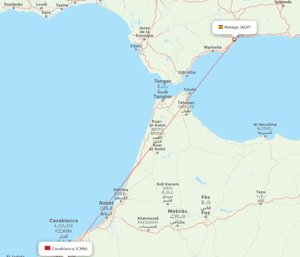 Malaga - Casablanca route map and flight paths