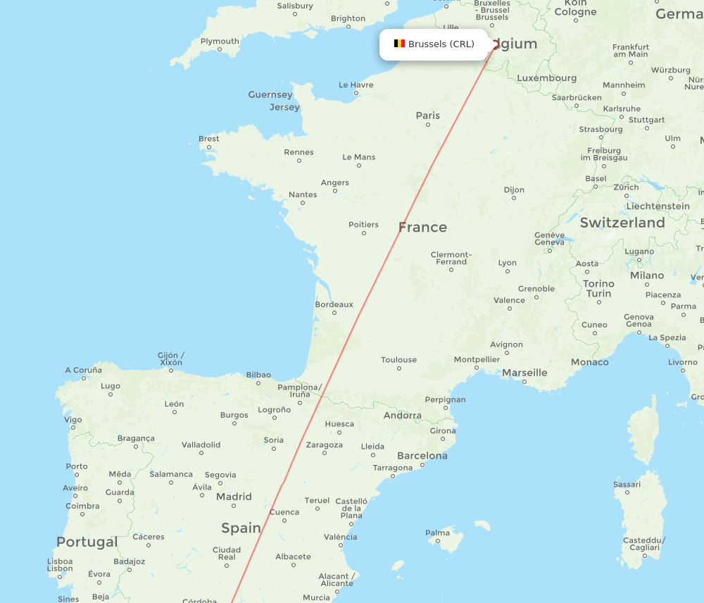 Malaga - Brussels route map and flight paths