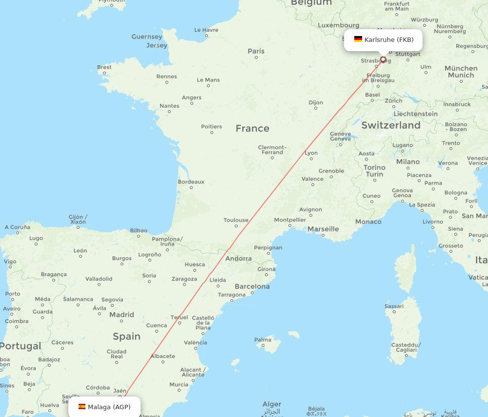 Malaga - Karlsruhe/Baden-Baden route map and flight paths