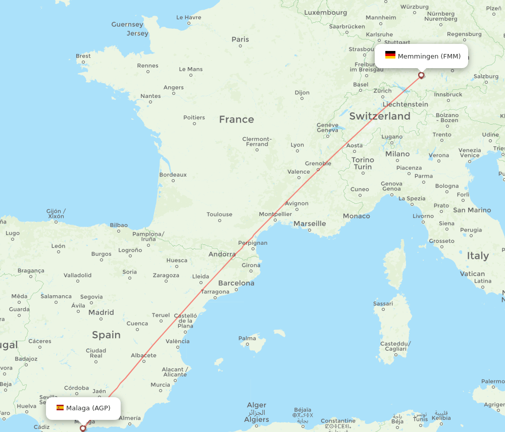 Malaga - Memmingen route map and flight paths