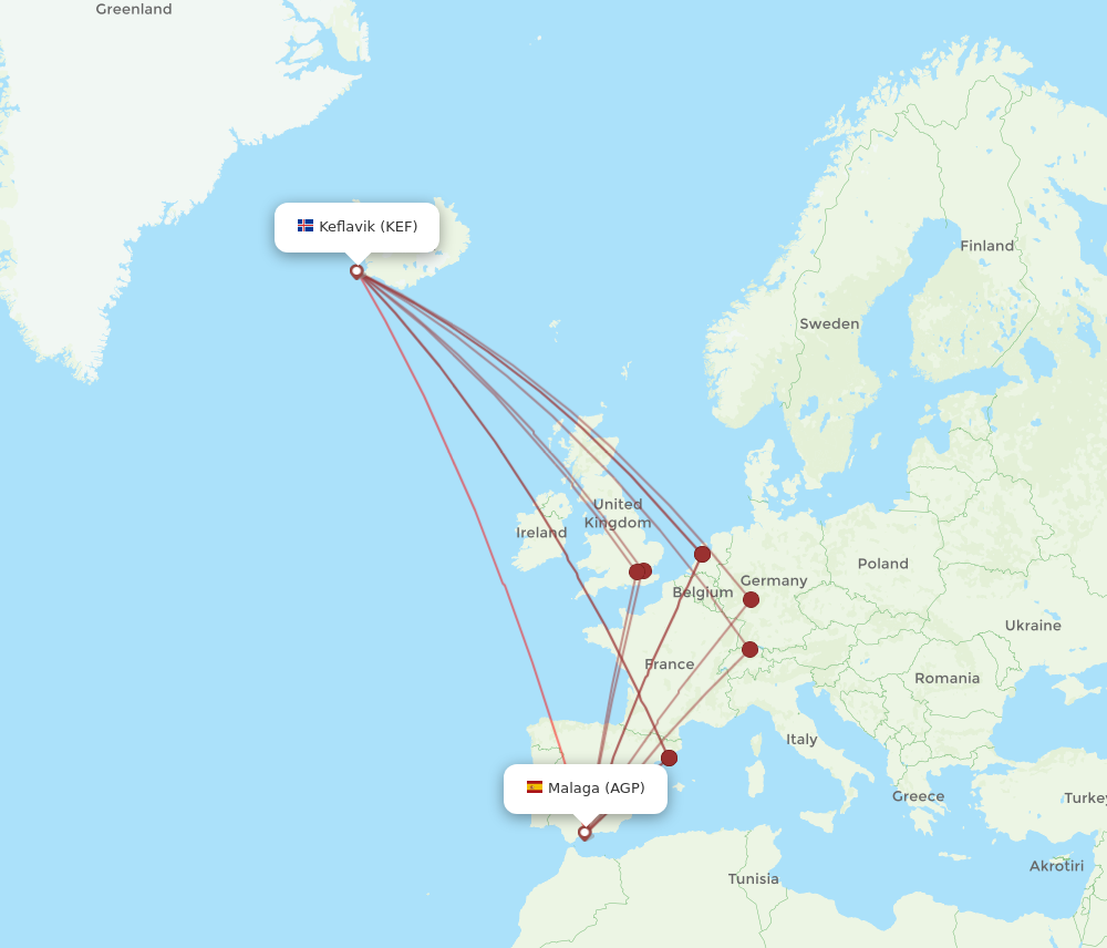 AGP to KEF flights and routes map