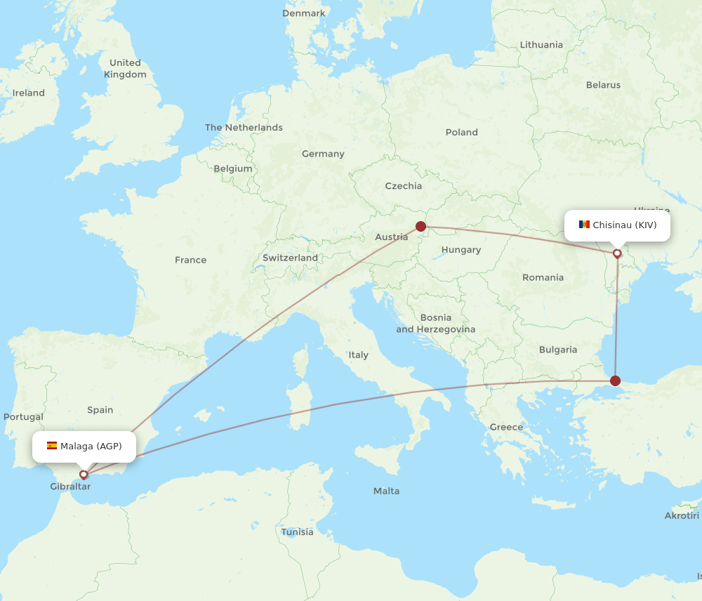 Malaga - Chisinau route map and flight paths