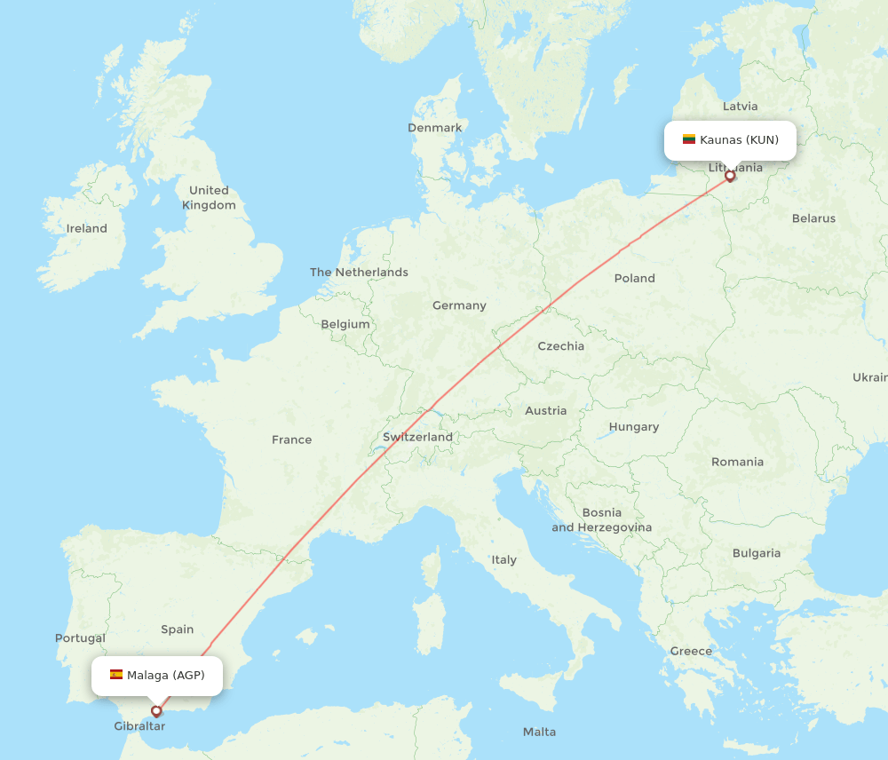 Malaga - Kaunas route map and flight paths