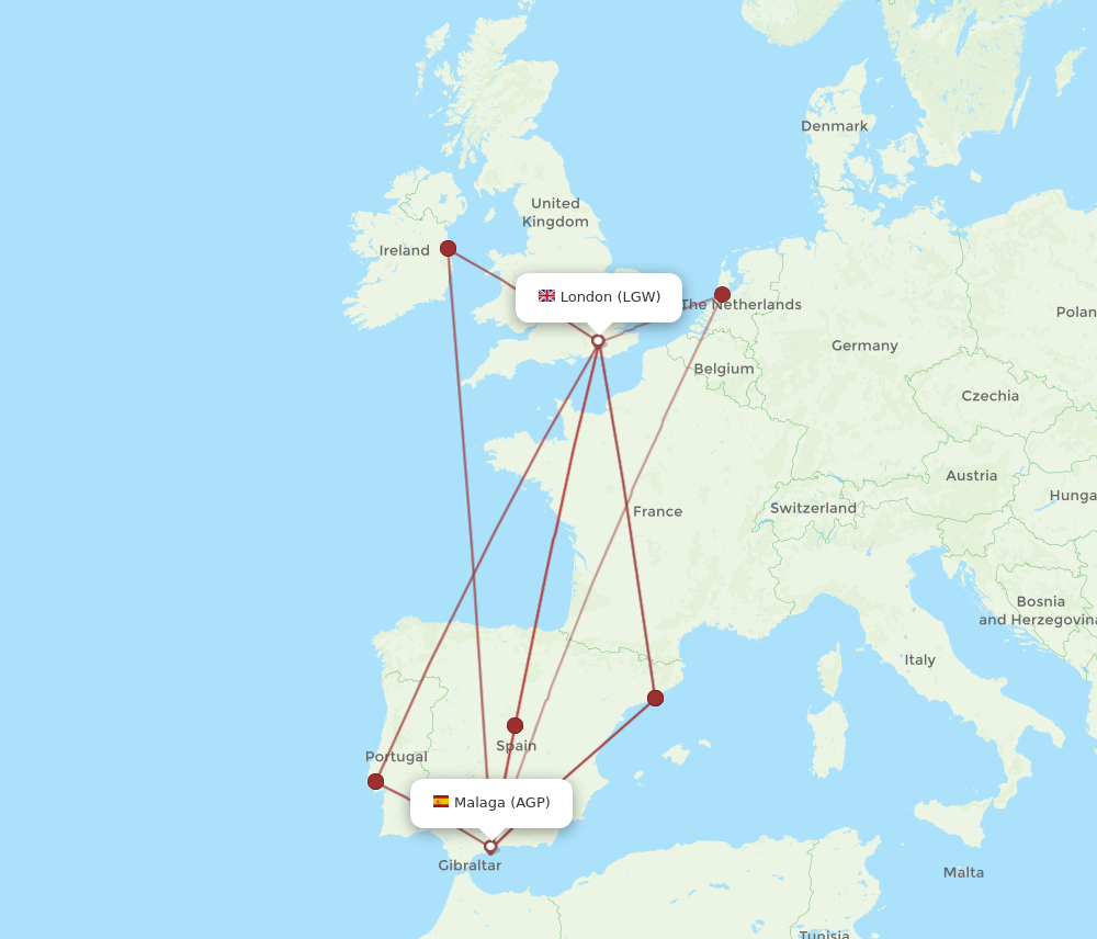 AGP to LGW flights and routes map
