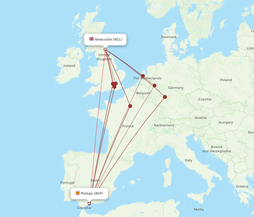 AGP to NCL flights and routes map