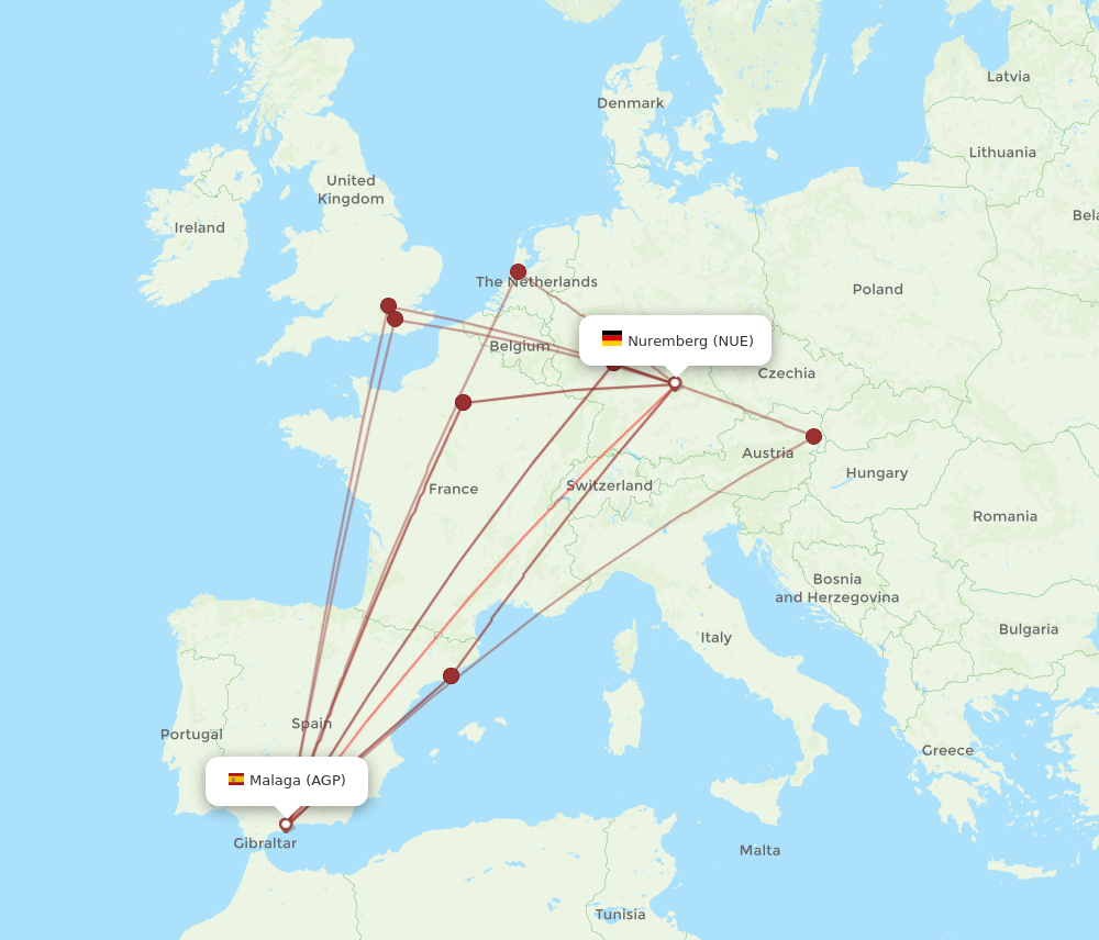AGP to NUE flights and routes map