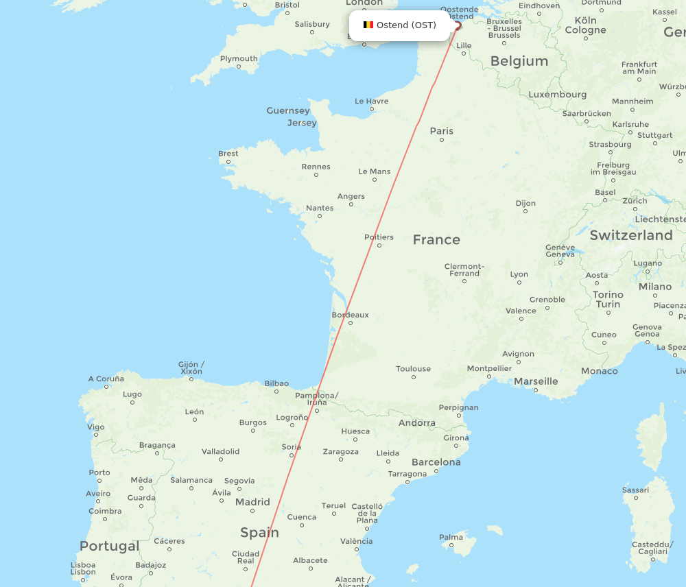 Malaga - Ostend route map and flight paths