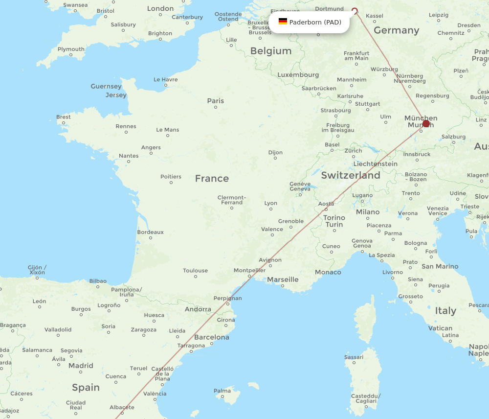 Malaga - Paderborn route map and flight paths