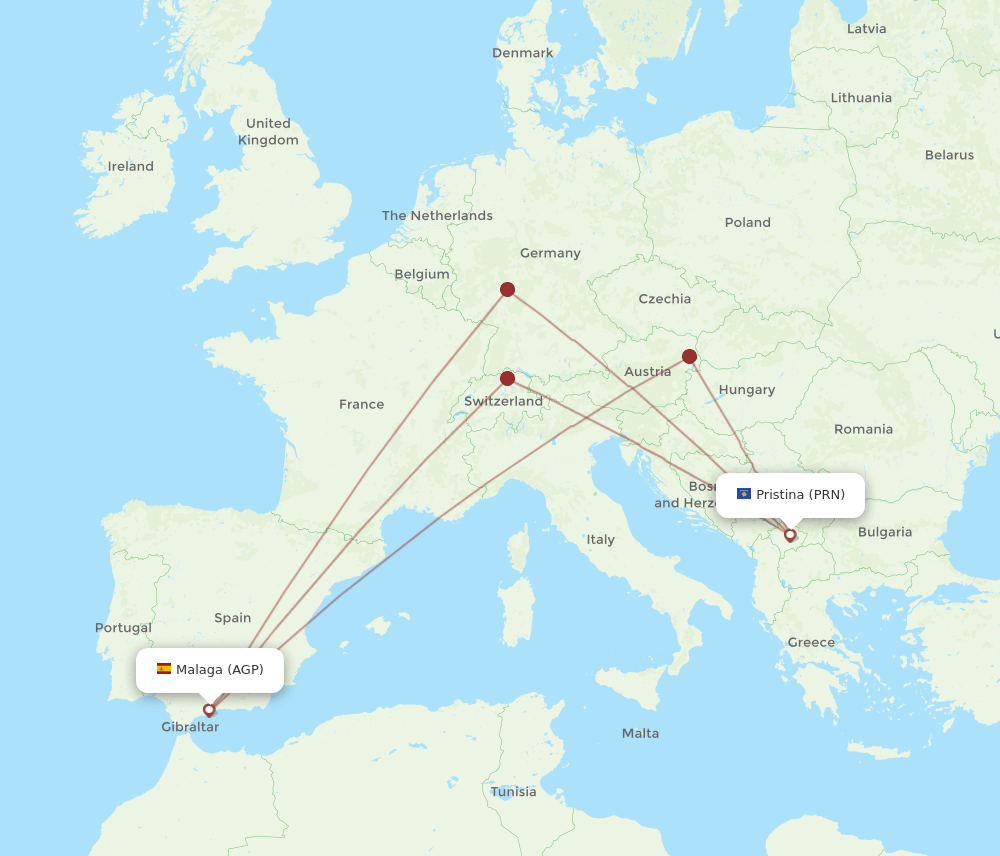 AGP-PRN flight routes