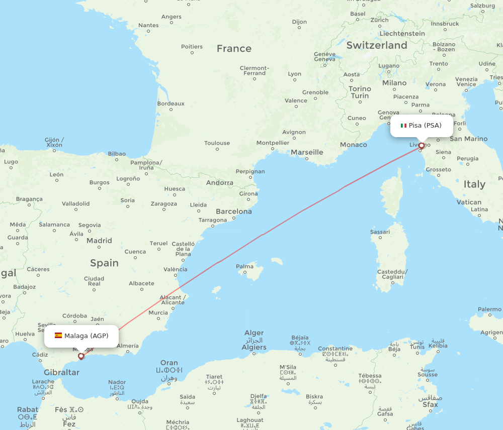 Malaga - Pisa route map and flight paths