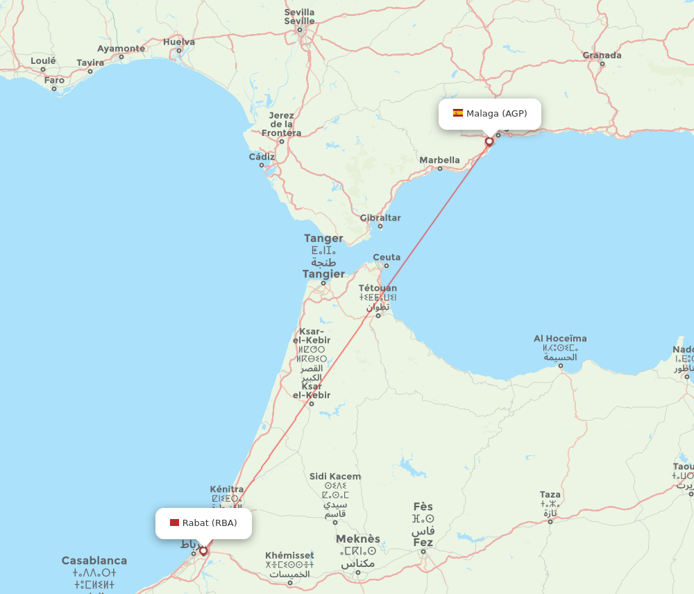 Malaga - Rabat route map and flight paths
