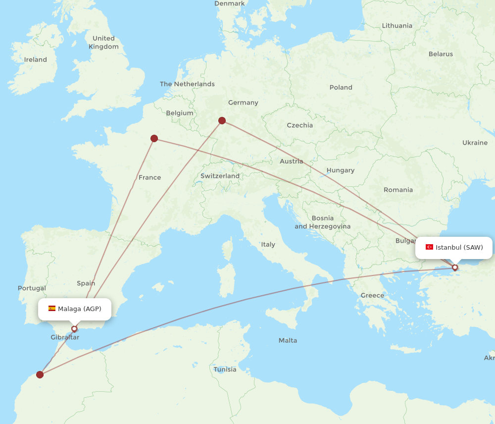 AGP to SAW flights and routes map