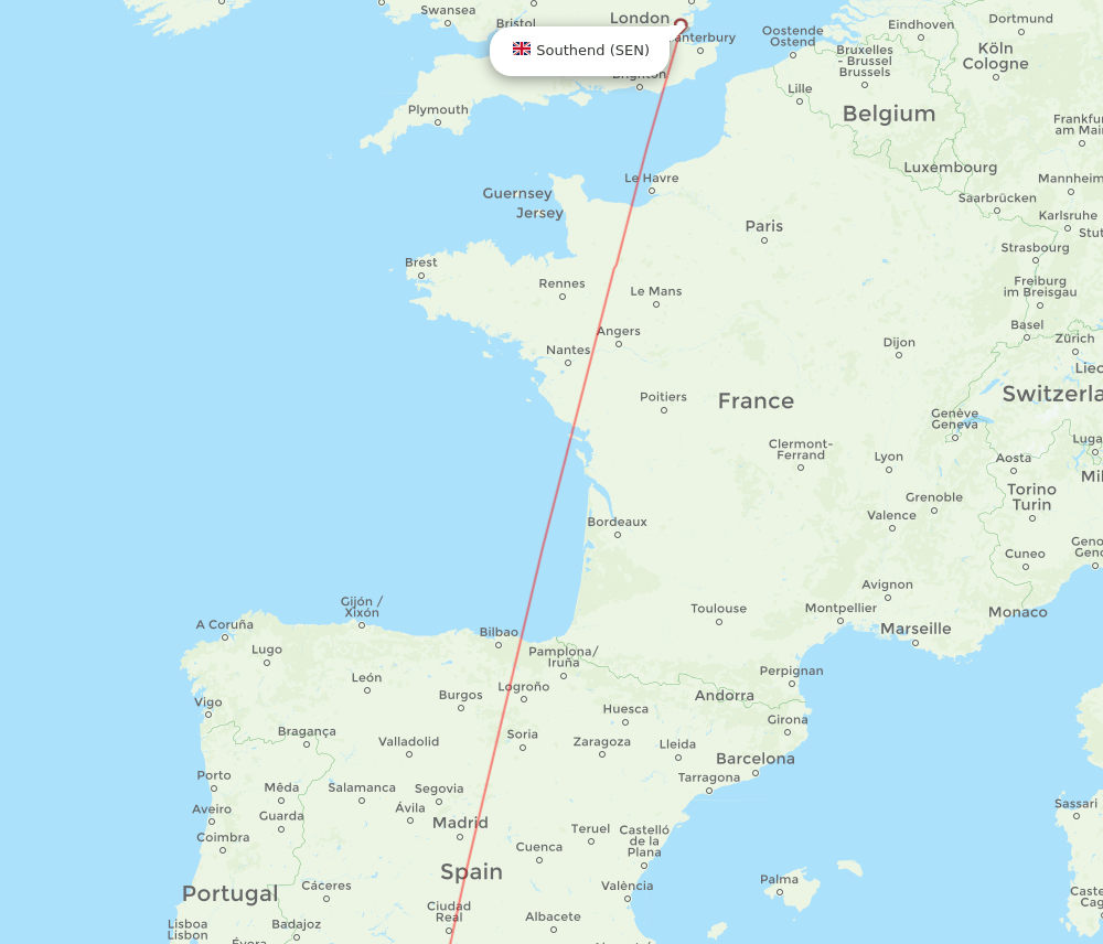 Malaga - Southend route map and flight paths
