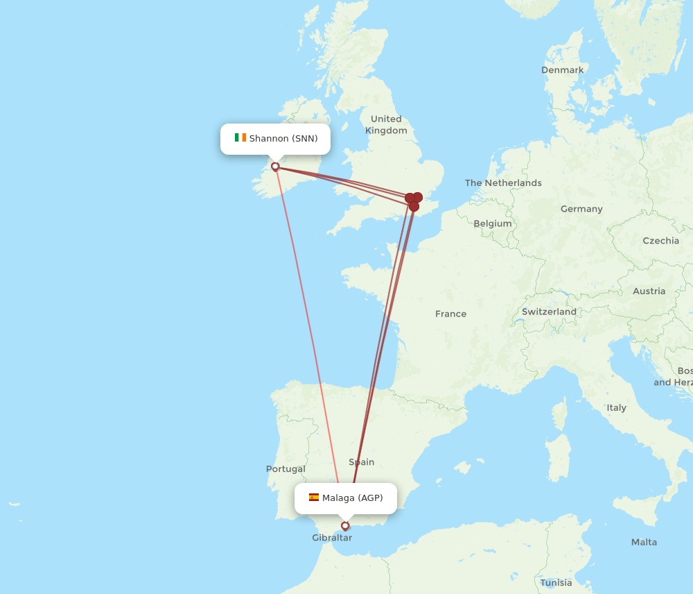 AGP to SNN flights and routes map