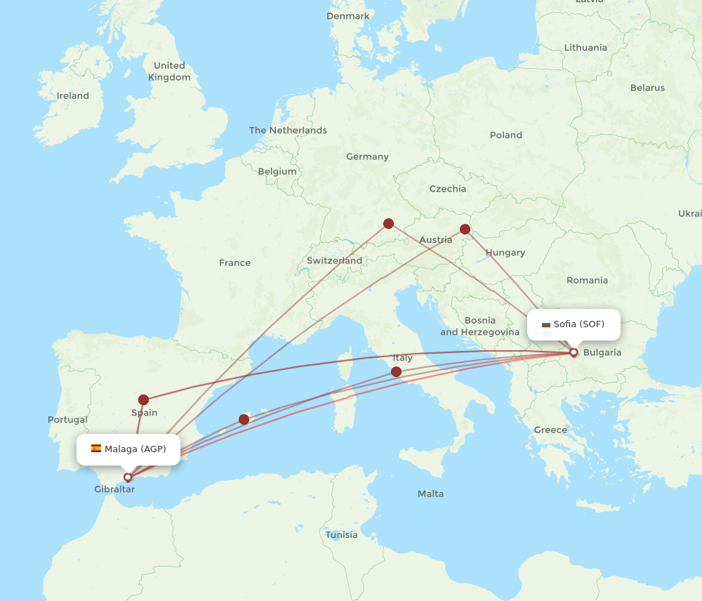AGP to SOF flights and routes map