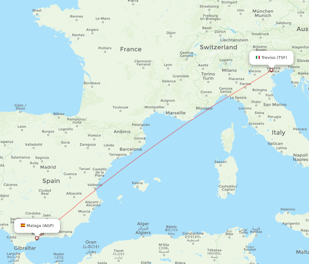 Malaga - Venice route map and flight paths