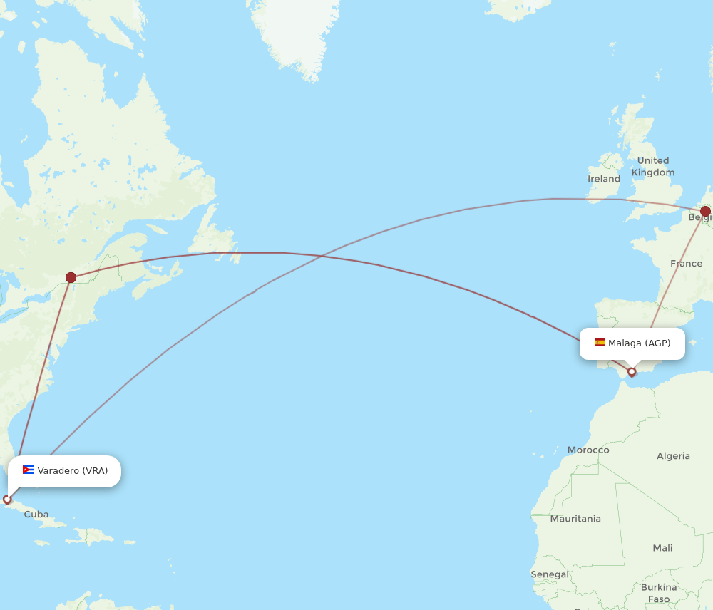 Varadero - Malaga route map and flight paths
