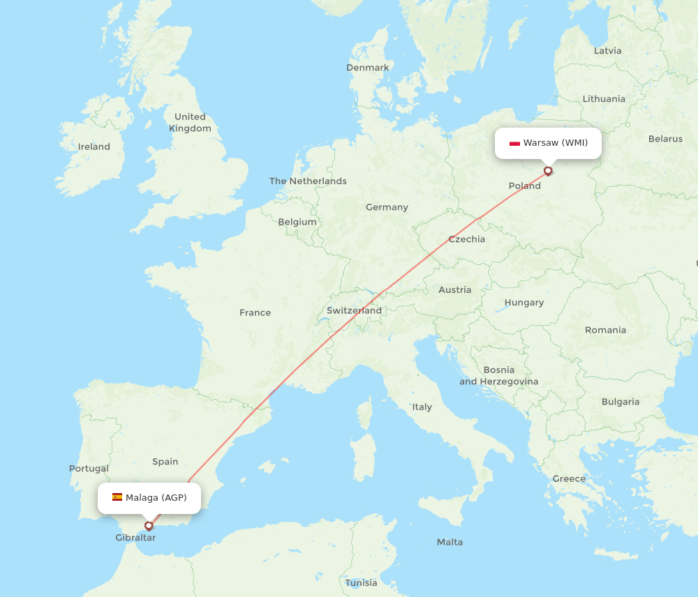 Malaga - Modlin route map and flight paths