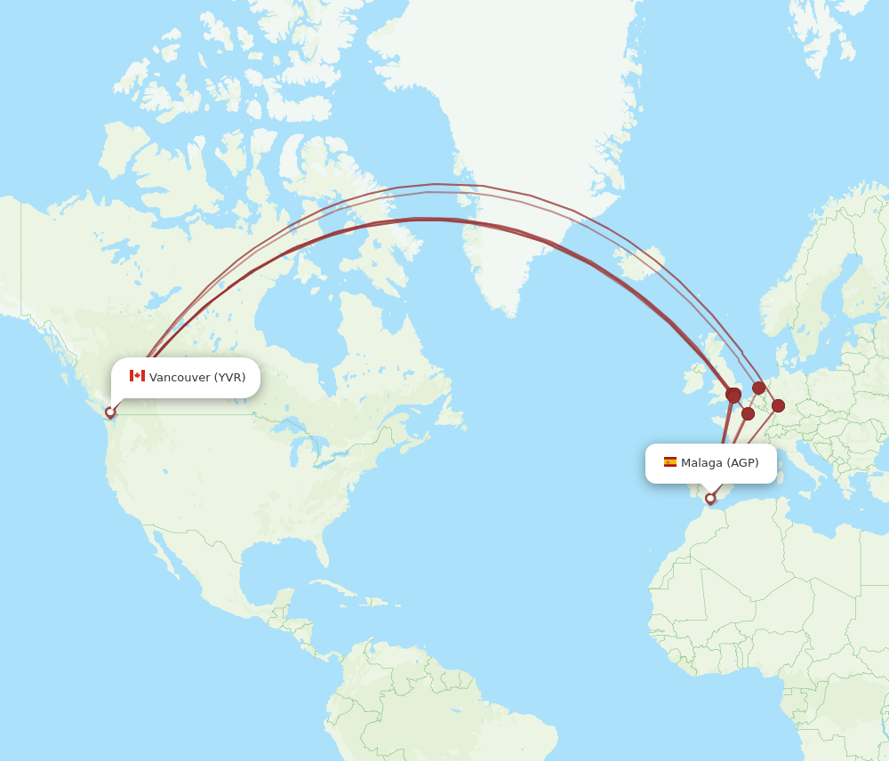 Vancouver - Malaga route map and flight paths