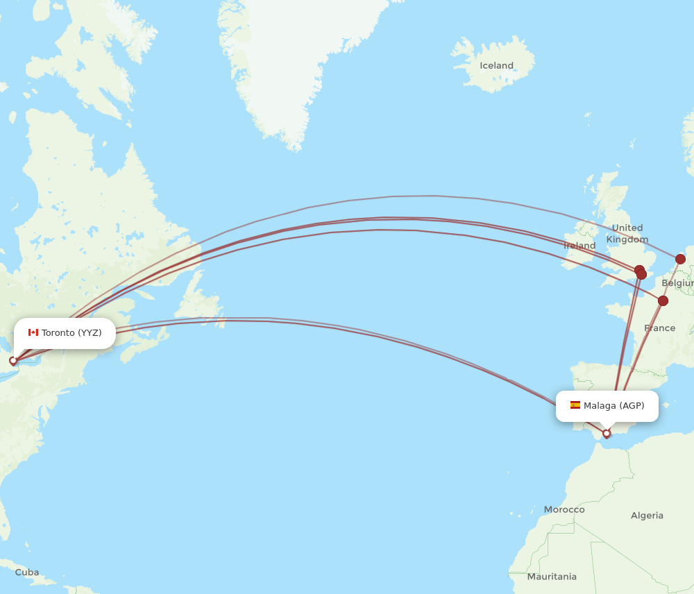 Toronto - Malaga route map and flight paths