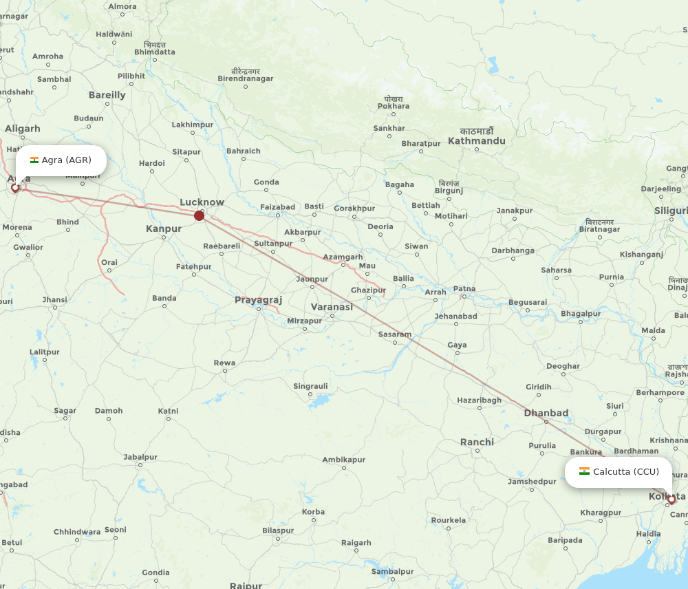 Kolkata - Agra route map and flight paths
